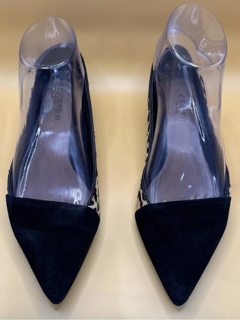 Crown Vintage Leopard Calf Hair Flats Women 6 Black Pointed Toe D’Orsay Shoes